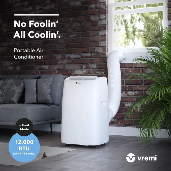 Vremi-Aire acondicionado portátil 12000 BTU con calor, Unidad de CA fácil de mover para habitaciones de hasta 350 pies cuadrados, con potente ventilador de refrigeración