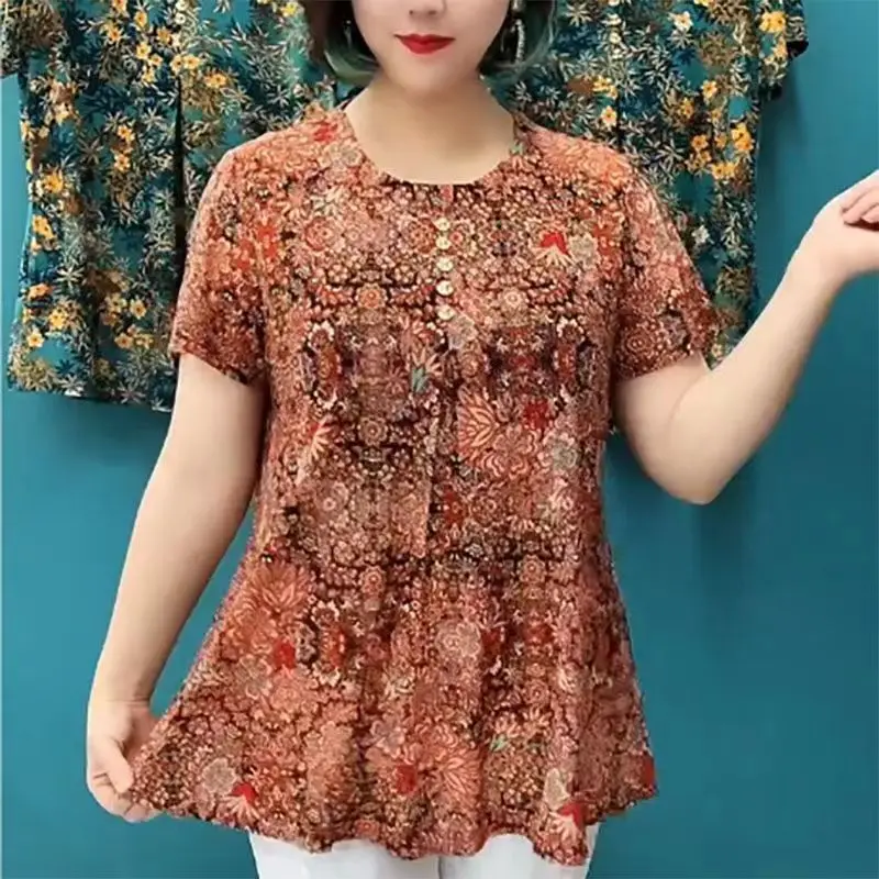 

2024 Summer New Women's Pullovers Crew Neck Button Fashion Elegant Casual Short Sleeve Loose Commuter Printed Chiffon Tops