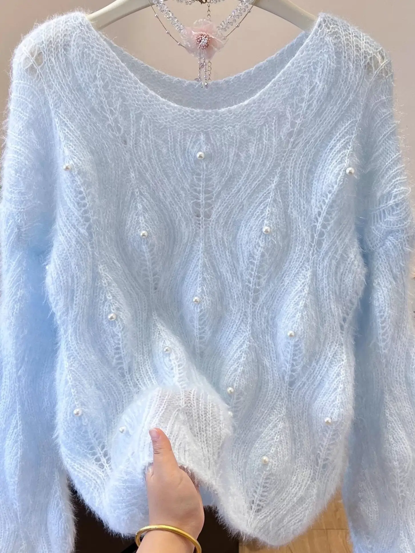 Blue Knitted Soft Sweater Women's Loose Fit Autumn Winter New Design Hollow out Pearl Detail Warm Comfortable Long Sleeve Top