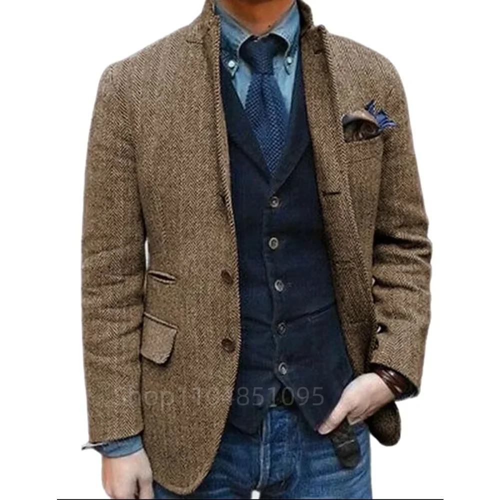 1Pieces Black/Brown Blazer for Men Herringbone Jacket Business Office Coat Winter Warm Woolen Suit Notch Lapel Blazer Clothes