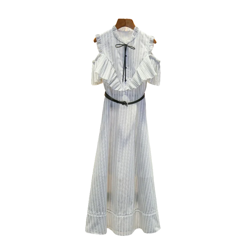 

Ele Summer Stripe Dr High Waist Cinched oulder Stand Collar Knot Lace Trim A-Line Skirt Chinese Faion