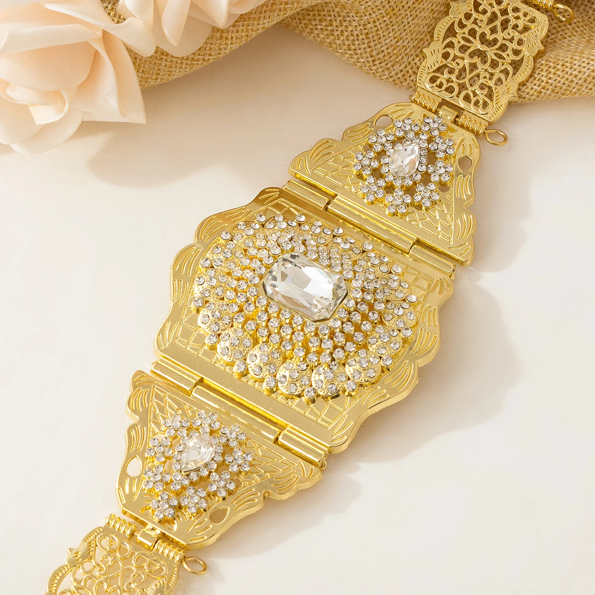 Katan Bridal Belt Gold Wedding Dress Jewelry Cutout Pattern Carved Inlaid Rhinestone