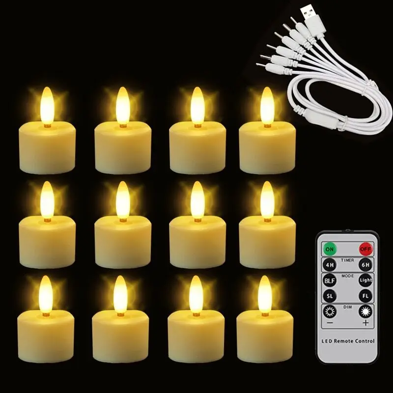 Set of 12 Remote controlled w/Timer Led Tea Light USB Rechargeable Tealight Warm White 3D Wick flickering Candle Lamp Party Lamp