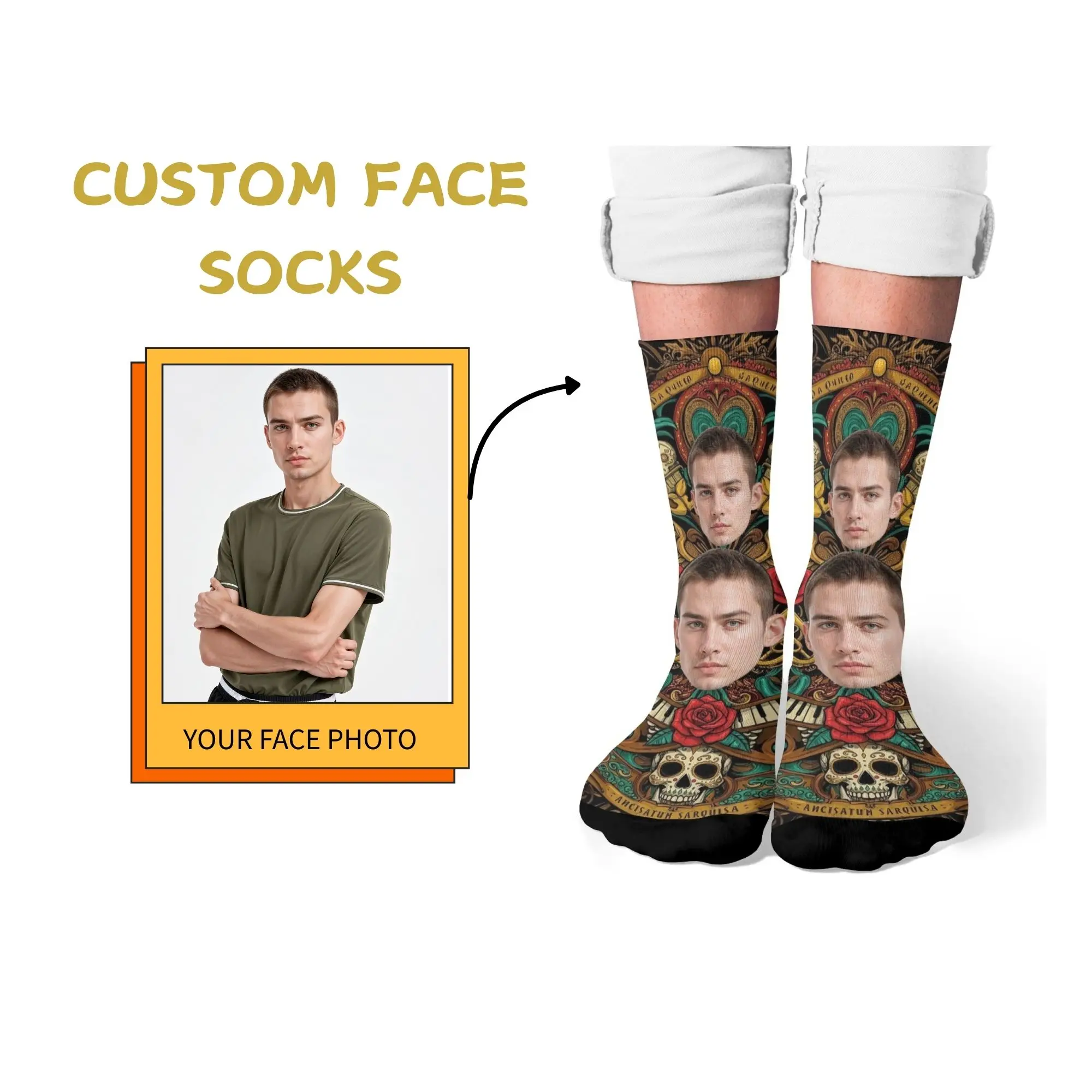 

Custom Day of The Dead Theme Socks Vintage Tattoo Style with Skull Red Rose & Musical Instruments Personalized Festive Gift