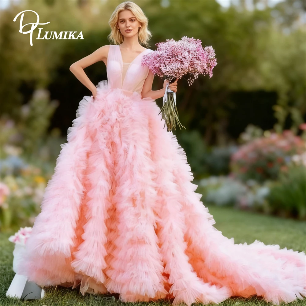 

DTLumika Puffy Formal Dress with Tail, Tank Sleeves, V Neck Sweet Wedding Party Gown Pink Bridal Dresses