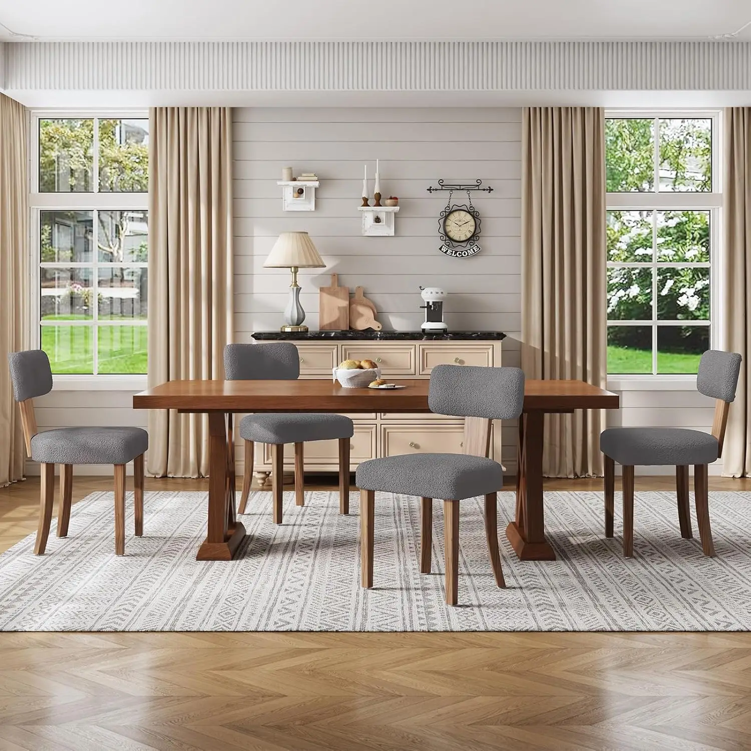 Mid Century ModernDiningChairs Set of 4, Sherpa Upholstered Kitchen Chairs with Curved Backrest & Adjustable Legs for LivingRoom