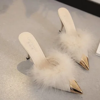2023 Zomer Vrouwen Pomp Veer Hakken Mode Eenvoudige Wind Mule Slippers Vrouwen Glijbaan Stiletto Hakken Schoenen Voor Vrouwen Hakken