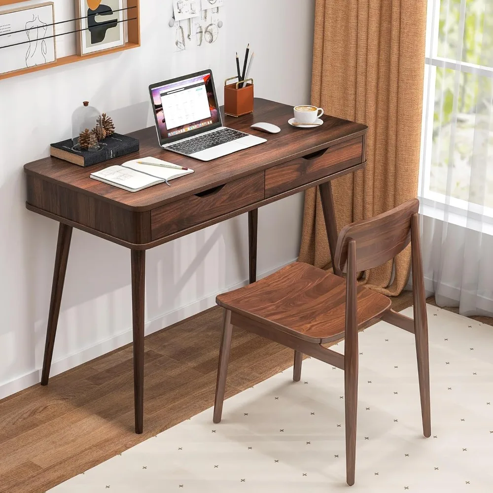 Mid Century Desk with 2 Storage Drawers, Modern Writing Study Desk, Versatile Home Office Study Desk for Small Space