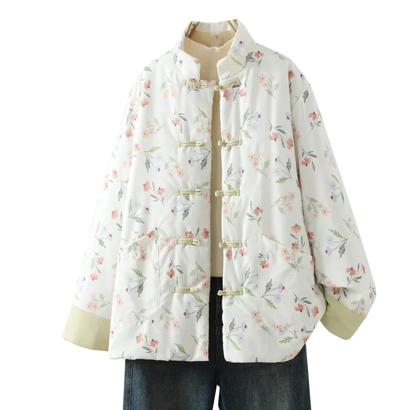 Ciepły, luźny płaszcz bawełniany w dużym rozmiarze z kwiatowym wzorem, chiński płaszcz bawełniany, zimowy płaszcz do dojazdów do pracy, modny, regularny krój.