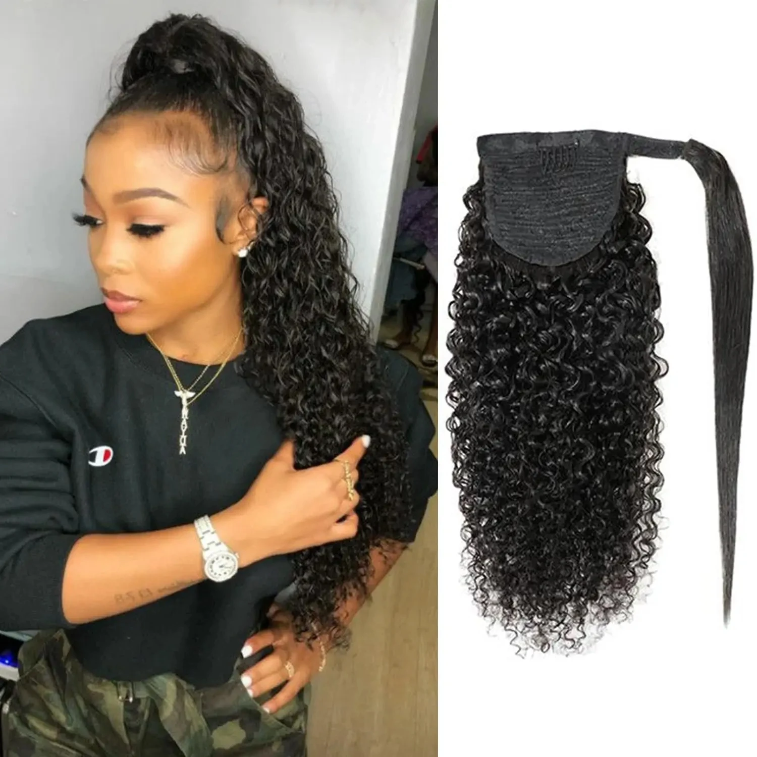 

Кудрявые вьющиеся человеческие волосы, наращивание хвоста, обертывание вокруг вьющихся человеческих волос, зажим для хвоста, наращивание человеческих волос 8-32 дюйма для женщин