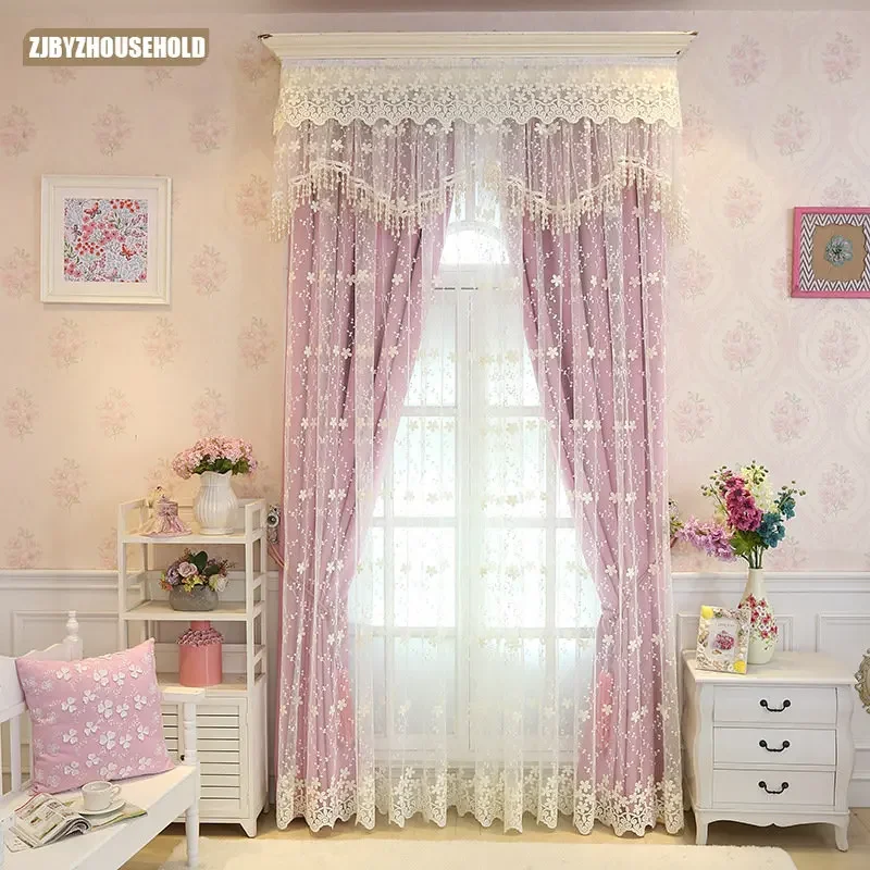 

Customized Curtains for Bedroom Pastoral Lace Embroidery Tulle Valance Curtain for Living Room Window Yarn Pure Color High Shade