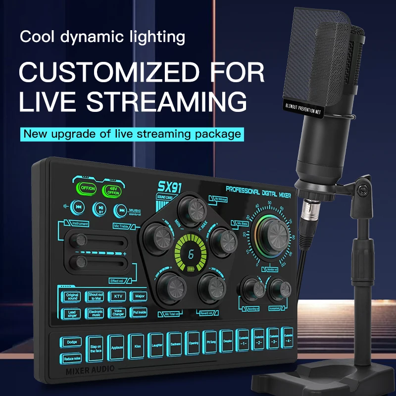 

Podcast Live Broadcast Kit, SX91 Live Sound Card + BM800 Podcast XLR Condenser Microphone, Professional Mixing Equipment Set, Id
