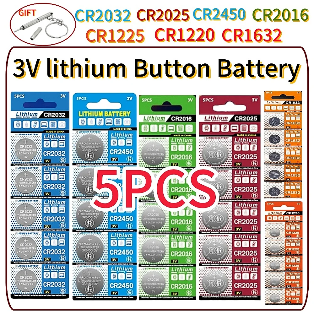 5 uds CR2032 3V pilas de botón de litio CR2025 CR2450 CR2016 CR1632 CR1225 CR1220 para relojes juguetes calculadora remota pilas de moneda