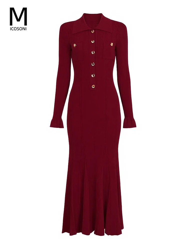 

Micosoni Fall 2025 High-Quality European American New Style Long Sleeve Turn-down Collar Knitted Versatile Fish-tail Long Dress