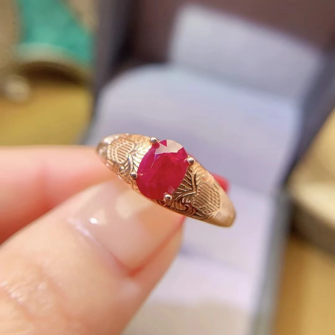 

0.7ct Natural Ruby Engagement Ring for Women 7mm*5mm Myanmar Ruby 925 Silver Jewelry with Gold Plated July Birthstone Ring