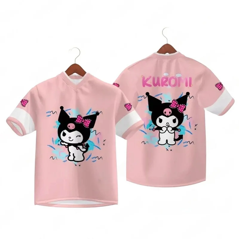 

Летняя женская футболка, модная футболка с принтом Kuromi, футболка для девочек, одежда, новый мужской топ с короткими рукавами и v-образным вырезом