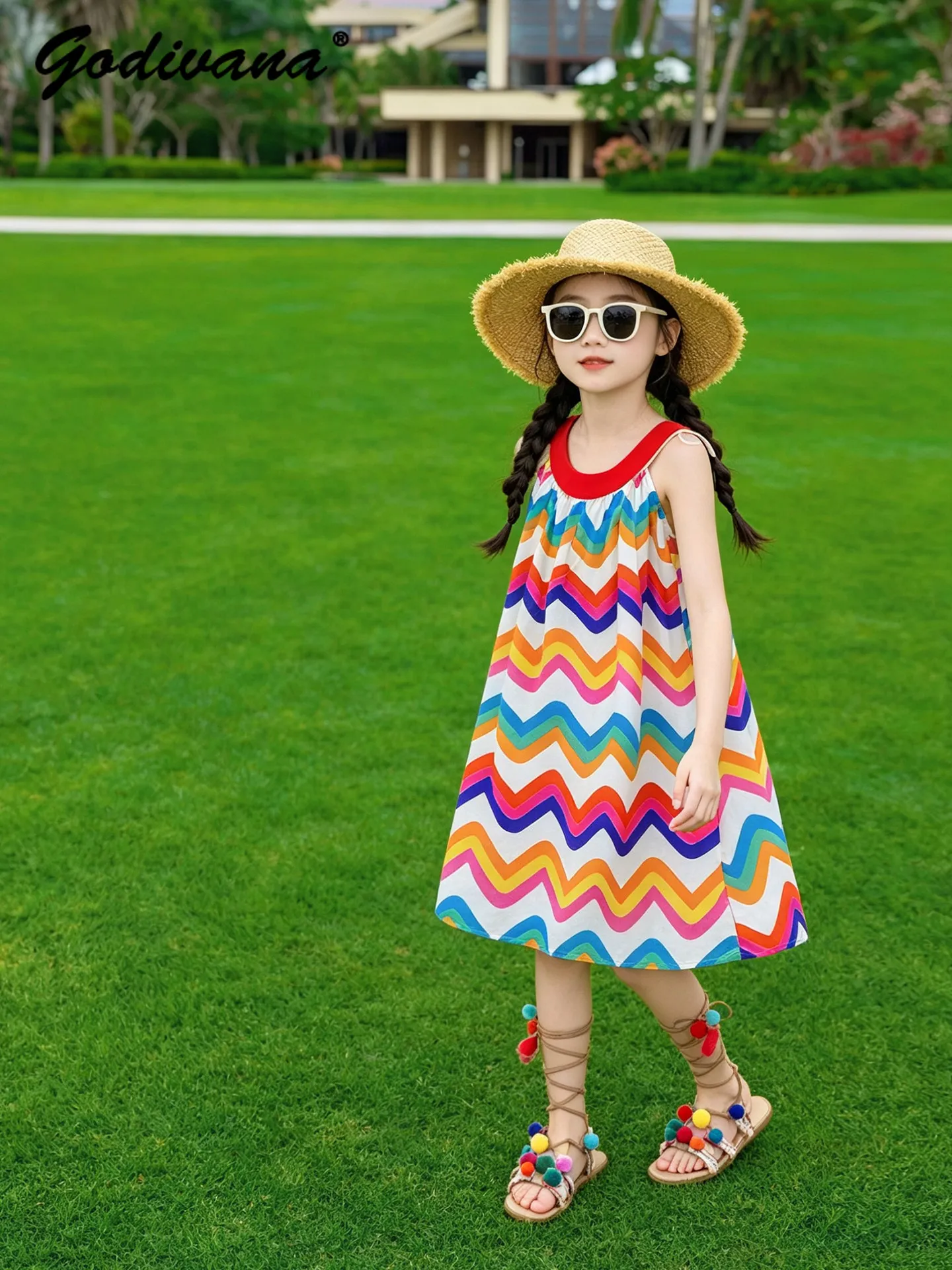 Sweet Baby Girls 2026 New Summer Cotton Vacation Sleeveless Sundress Kids Fashion Rainbow Dopamine Print Loose Fit Casual Dress
