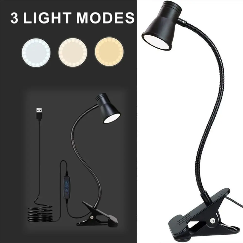 

3 Color Modes LED Desk Lamp Black USB Charging Clip On Reading Light Adjustable 360° Turn LED Clamp Book Light Adults