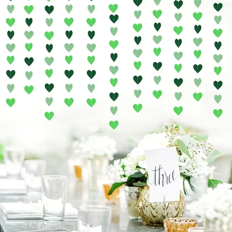 Green Party Decorations Heart Paper Garland Love Streamer Banner St Patricks Day Spring Xmas Birthday Wedding Engagement Decor