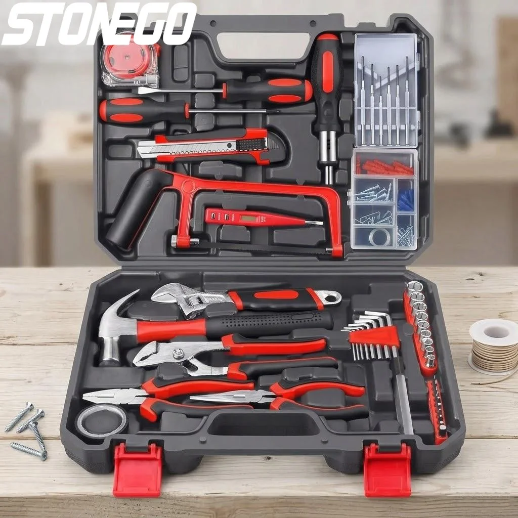 

Набор инструментов для дома и ремонта, 108 предметов: отвертки, молоток, гаечный ключ, плоскогубцы, пила. Профессиональный набор для домашних работ.