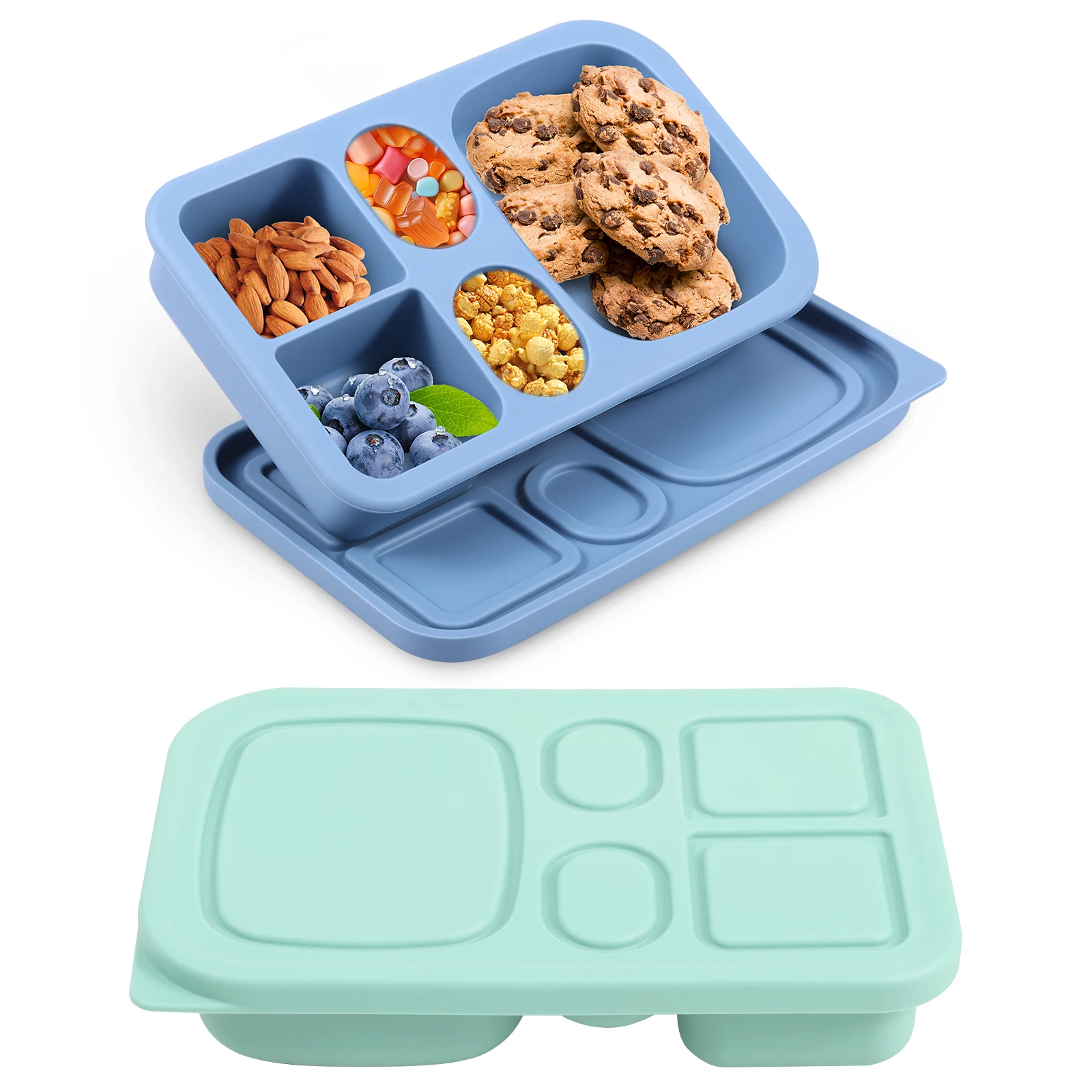 

2 шт. силиконовые контейнеры для закусок с крышками, 5 отделений, коробка для похудения, многоразовая коробка для бенто для малышей, взрослых, офиса, школы