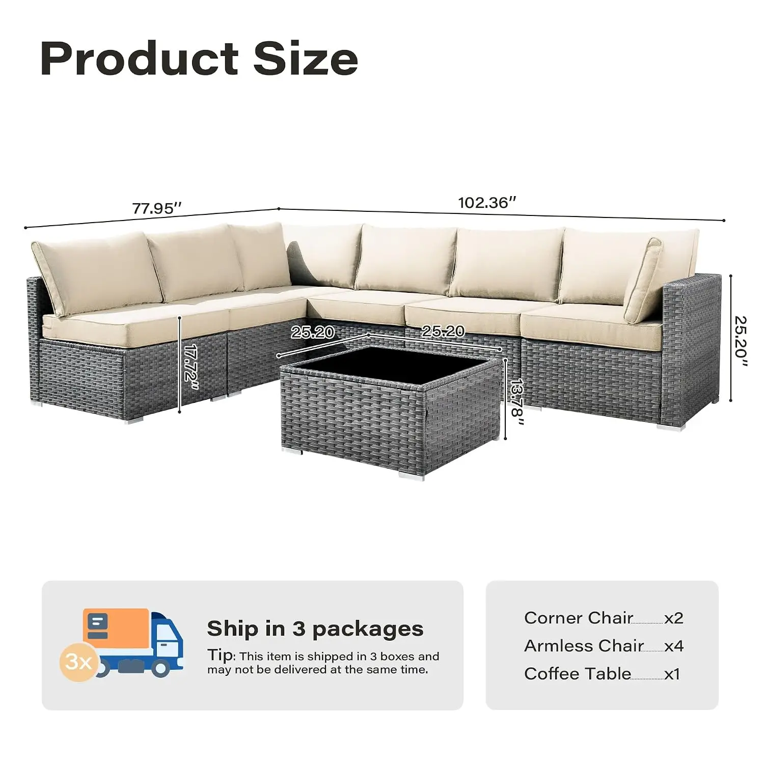 7 Pieces Patio Furniture Set,Outdoor Patio Conversation Sets with Coffee Table,L Shaped Rattan Wicker Sectional Patio, Custom
