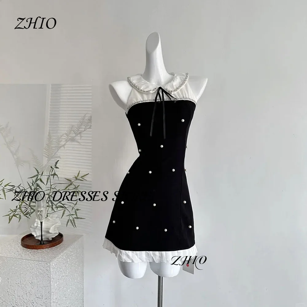

ZHIO Black White Contrast Dress Pearl Embellished Collar Bow Detail Sleeveless Ruffle Hem Mini Gown Customized فساتين سهرة