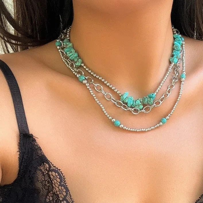 3pcs/set Beads Western Country Necklaces Ethnic Style Trendy Multilayer Turquoise Chain Clavicle Chain Versatile