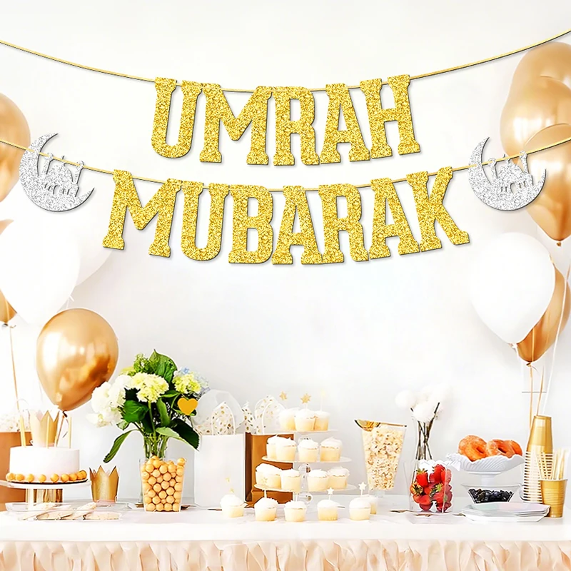 YOMDID Umrah Mubarak Banner Glitzer Umrah Mubarak Dekorationen Partybanner für Islamische Muslimische Dekorationen Partyzubehör