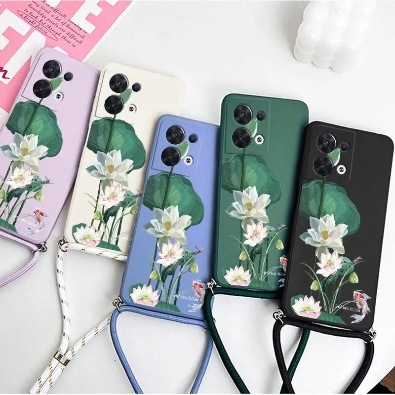 Lotus Pond Scenery Crossbody Lanyard custodia in Silicone per OPPO Reno 8 8T 8 Pro 7 7Lite 7Z 6 6Z 6 proplus 5Lite 5F 4Lite Cover