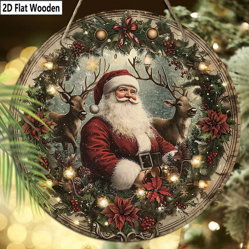 Circular artificial reindeer Santa Claus wall decoration - rural style, holiday decoration, with snow scenes and ornaments