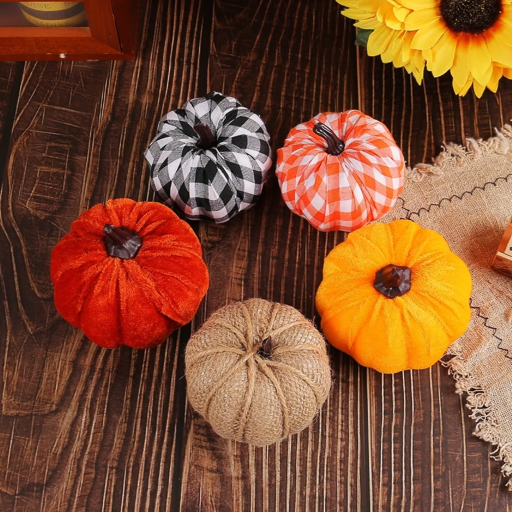 Thanksgiving Decorations 5 Pack Fabric Pumpkins Autumn Harvest Centerpiece Orange Yellow Checkered Pattern For Home Table Party