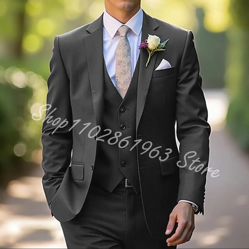 

Men's Wedding Party Evening Wear Suits Dark Grey Fashion Formal Standard Fit 3 Piece Single Breasted Suits Costume Homme
