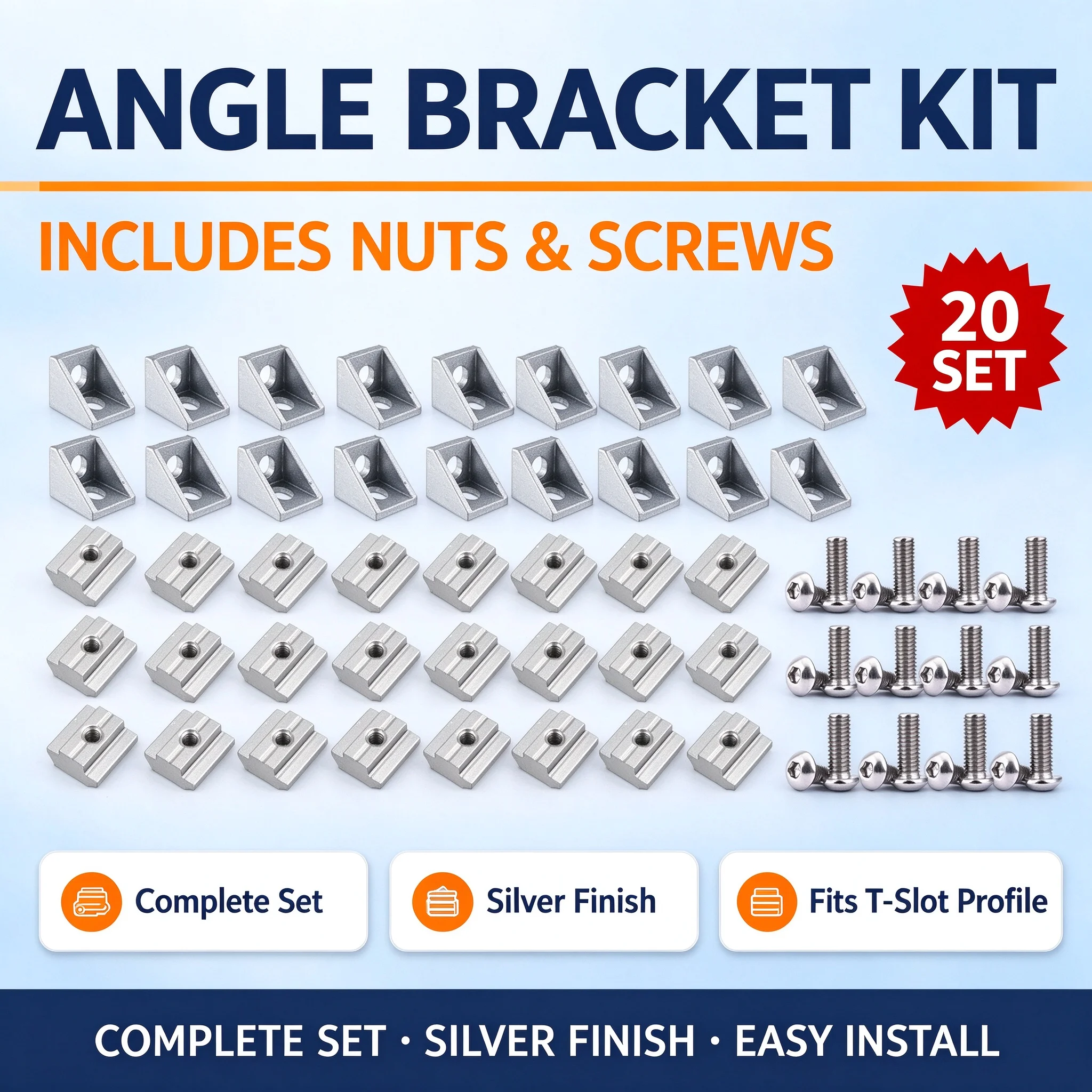 3030 Aluminum Profile Connector Set 20pcs Corner Bracket + 40pcs M6x12mm Hex Socket Cap + 40pcs 20 Series M6 T-slot Nuts