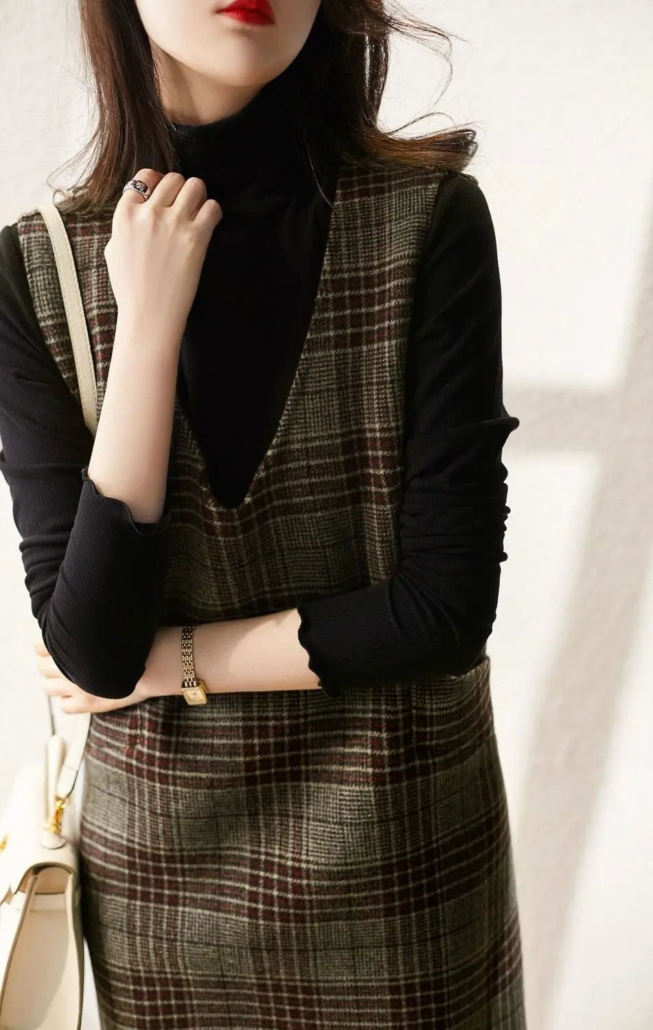 Japanese Retro Design Mid Length Plaid Vest Woolen Skirt Women\'s 2024 Autumn and Winter New Item Slimming A-line Skirt