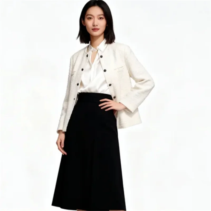 

Новое поступление весны 2026: элегантный и повседневный модный твидовый текстурированный пиджак с круглым вырезом в европейском и американском стиле.