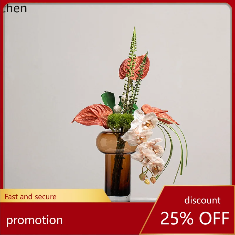 

YFY Modern Light Color Artificial Floral Arrangement Dried Flowers High-End Coffee Color Art Glass Ornament for Living Room