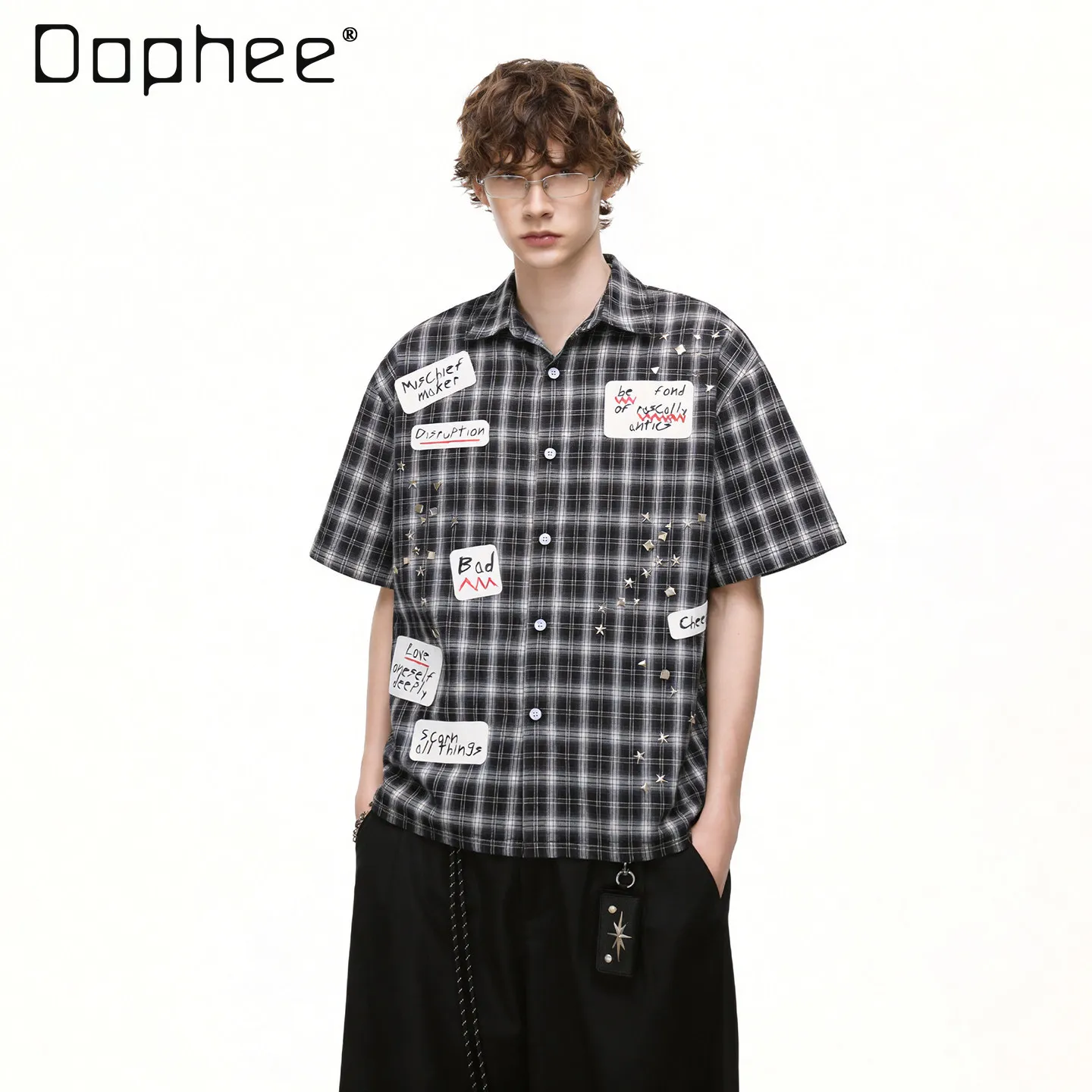 2026 New American Retro Plaid Shirt  Men Loose Lapel Short Sleeve Black Gray Checkered Letter Print Rivet Street Tops