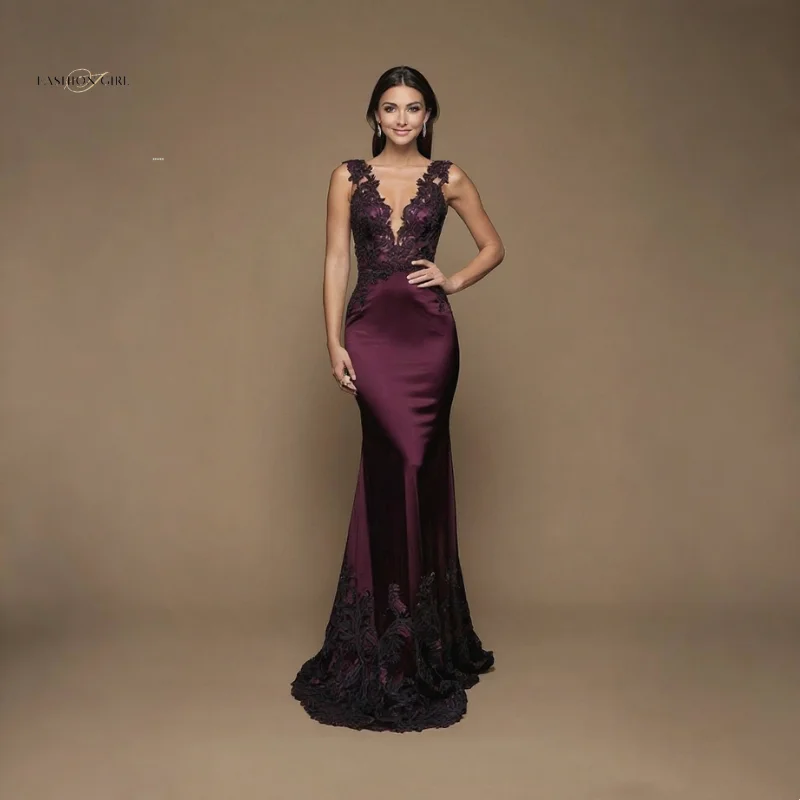 

Customized Elegant Burgundy Lace Mermaid Dress Women Sleeveless Deep V Neck Evening Party Formal Gown Wedding Guest Dress