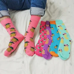 Funny Pineapple Pattern Cotton Men Crew Sock Street Tide Crew Socks Gift Men Husband Cute Street Socks Novelty Funky Pink Purple