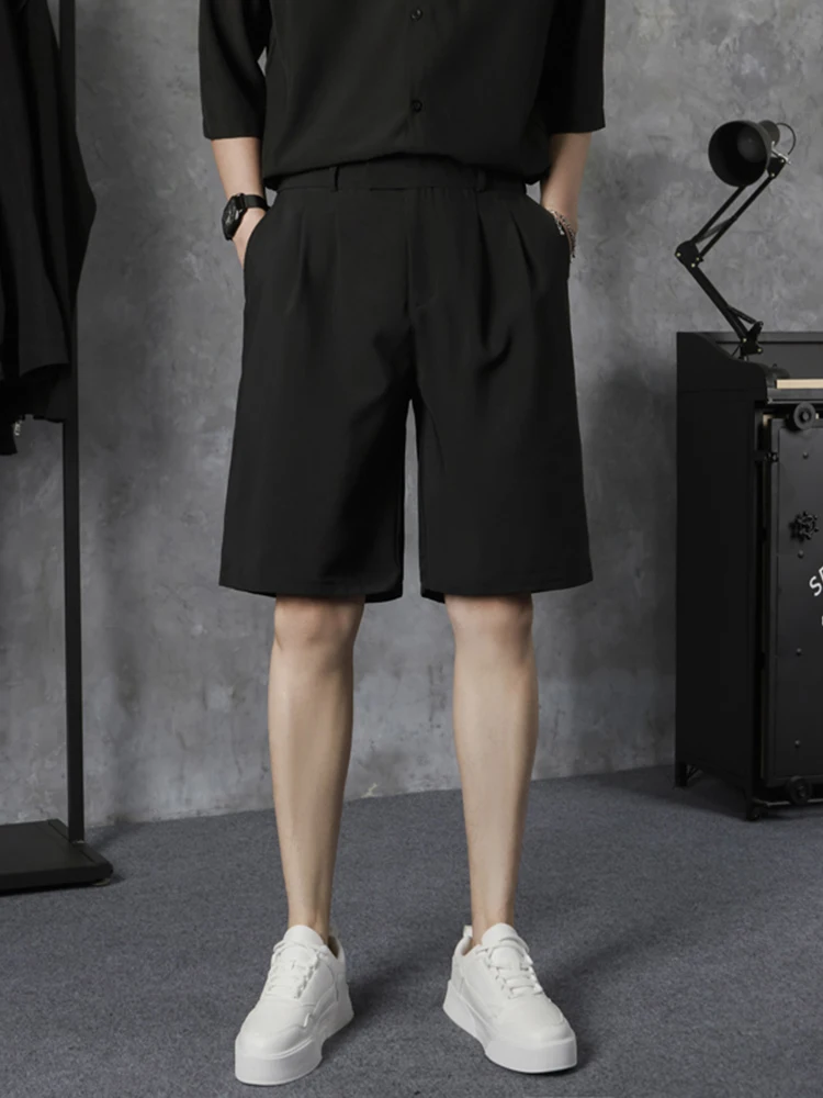 

Костюм из ледяного шелка Magic Tape orts, мужские летние тонкие повседневные брюки с пятью четвертью, свободные прямые брюки, молодежные брюки против морщин