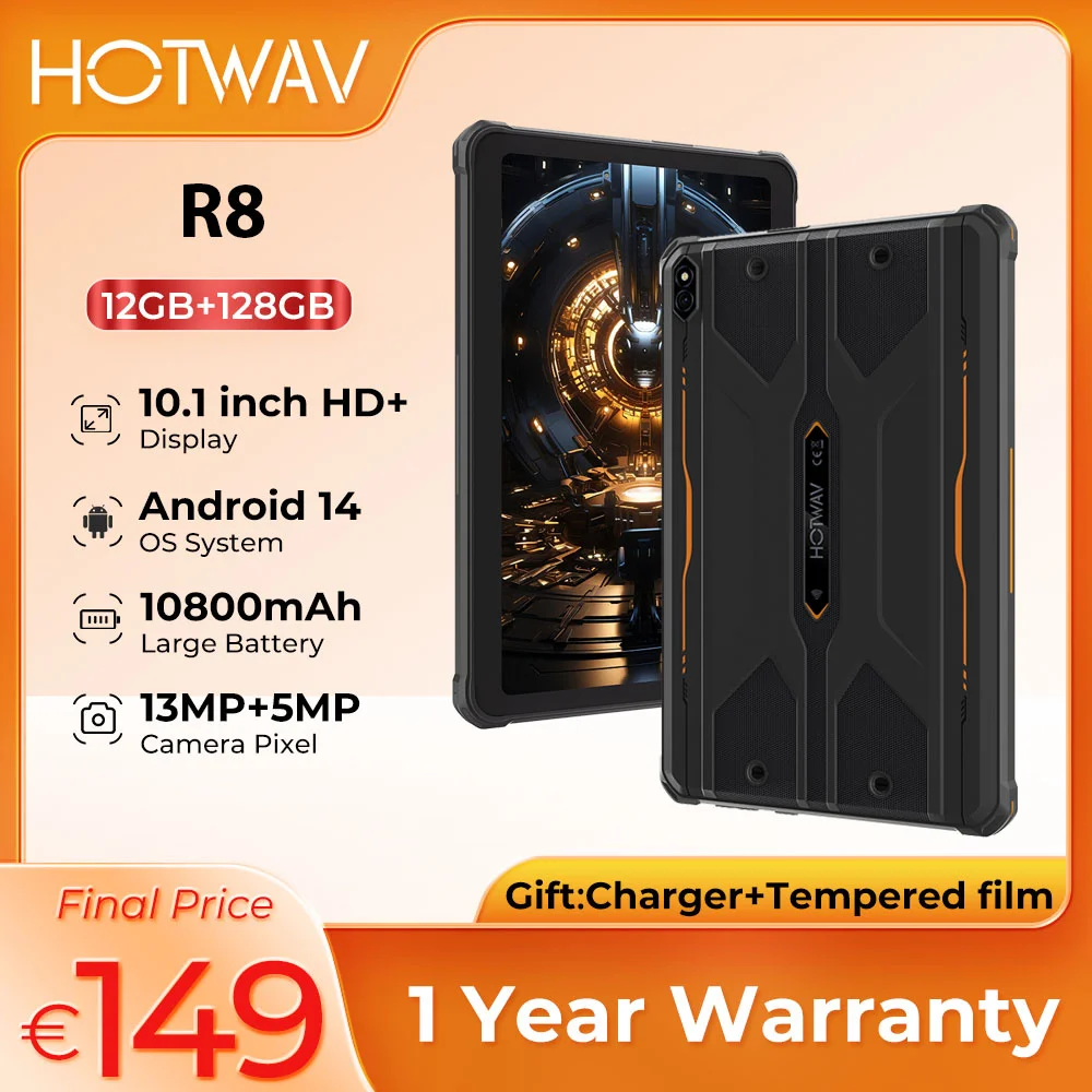 HOTWAV R8 tablette robuste Android 14 10.1 pouces HD + 10800mAh batterie 5MP + 13MP caméra tablettes 4GB + 128GB tablette 8 cœurs mondial