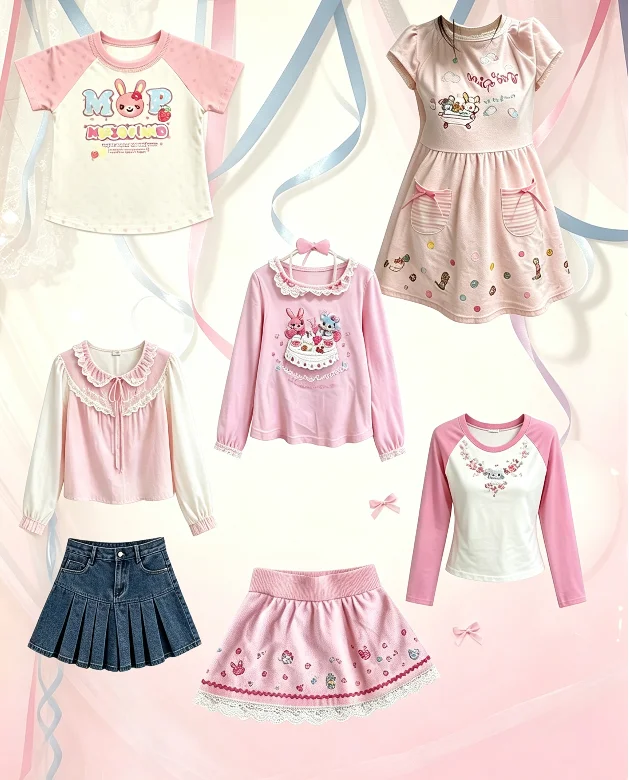 Sweet Lolita Cute T-shirts for Girls Japanese Printed Short Sleeve Tops Y2k Casual Chic Outwear Soft Comfy Crop Tees Fashion