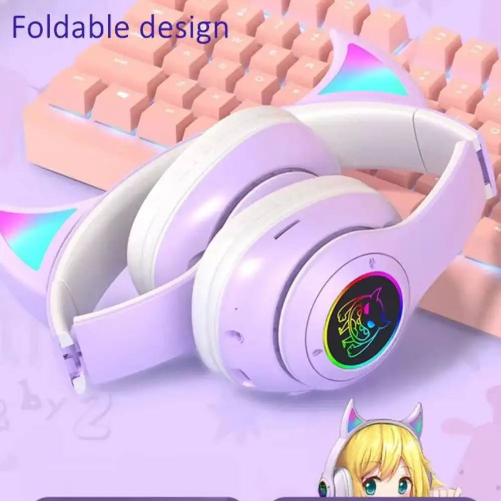 

Creative Devil Horn Style Bluetooth Wireless Headphones Foldable Colorful Light Support Memory Card Headsets For Kids Girl Gifts