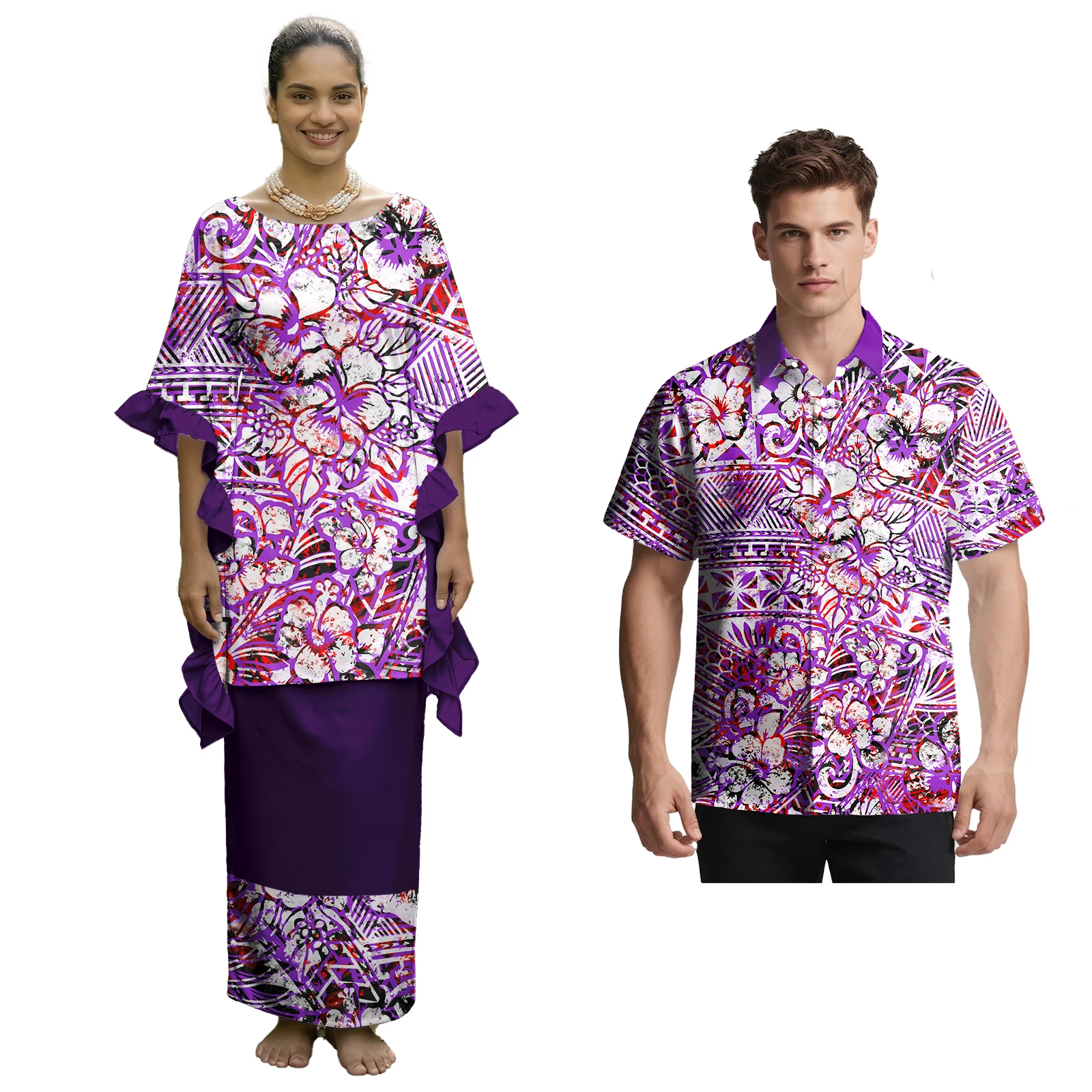 Polynesian Couple Sweet Match Outfits Aloha Casual Men Shirts Women Flounce Sleeve Samoan Puletasi 2 Piece Custom Couple Clothes view 2