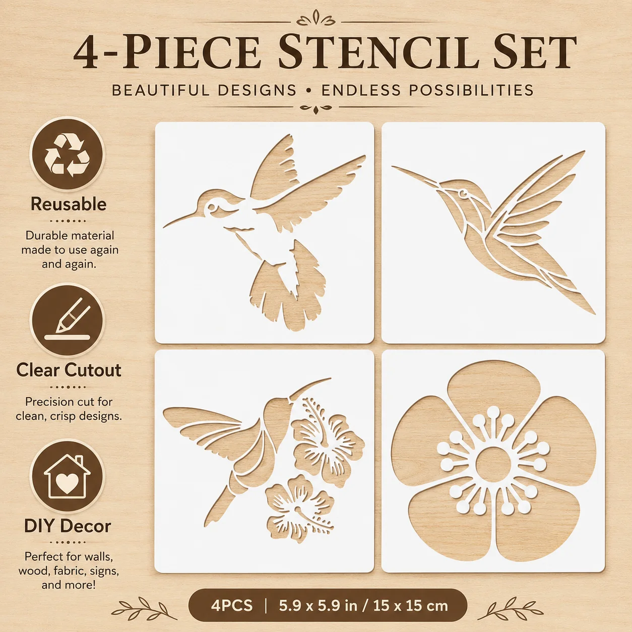 4 Stück 5,1 x 5,1 Zoll große Kolibri-Blumen-Schablonen, wiederverwendbare Vogel- und Blumenmalvorlagen für DIY-Wanddekoration auf Leinwand und Stoff – Detail 2