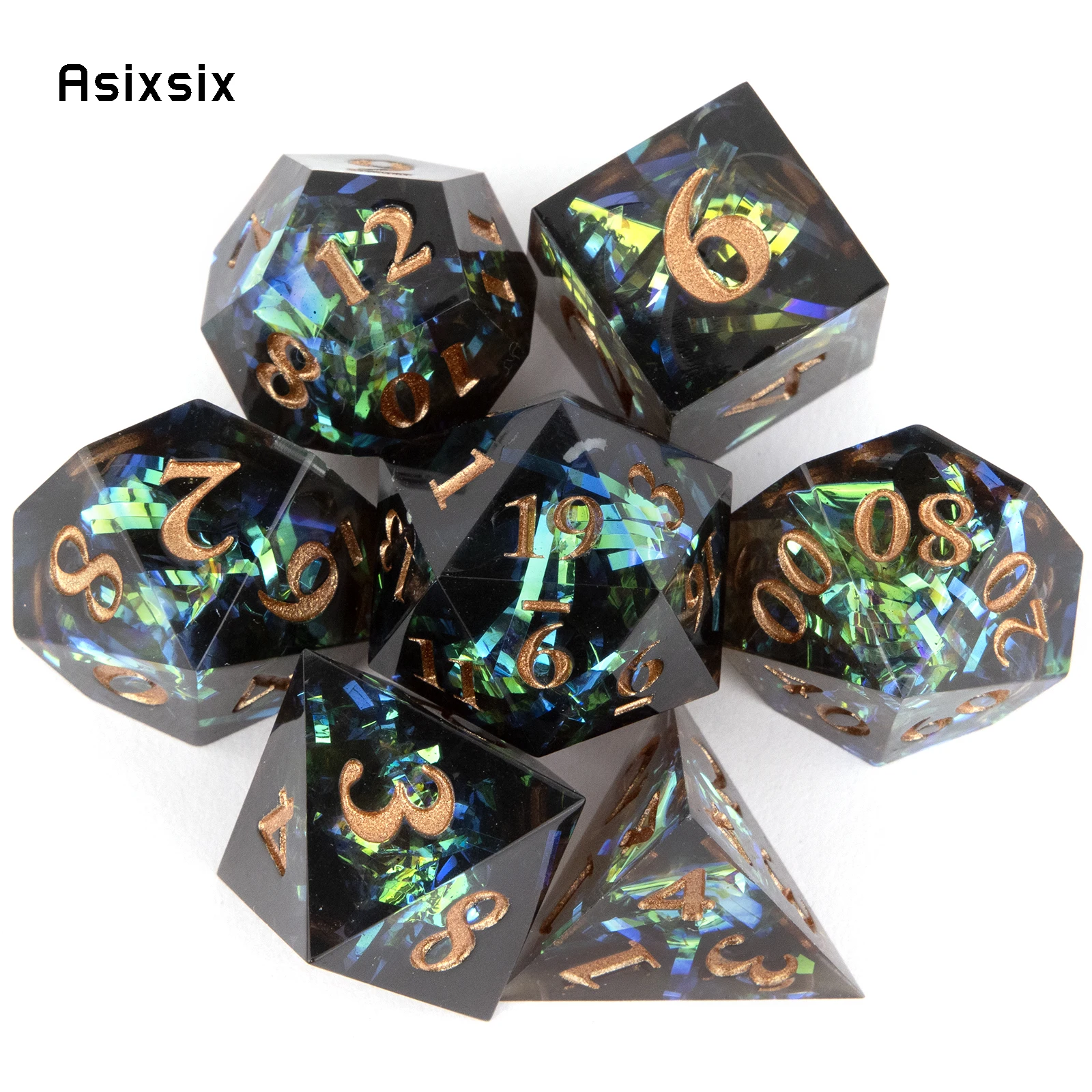 

7 Pcs Dark Green Resin Golden Number Sharp Edge Dice Polyhedral Dice Suitable for Role-Playing RPG Board Game