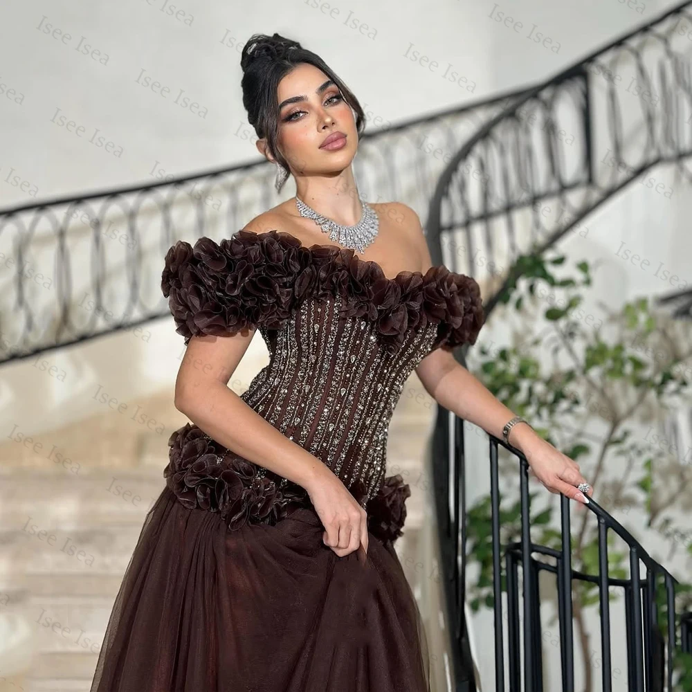 Customized Dubai Off Shoulder Evening Dresses Rhinestone Flower Crystal فساتين سهرات Brown Formal Occasion Dresses