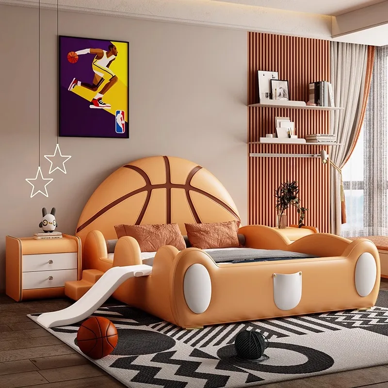 h*-135x200cm Modern basketball single bed with guardrails for girl boys full size bed frame king size bedroom furniture^