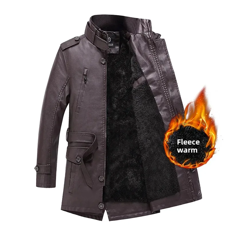 New Casual Men's Leather Jacket Medium-Length Stand Collar Fleece Lined No-Iron Treatment Fashionable Fit Outerwear